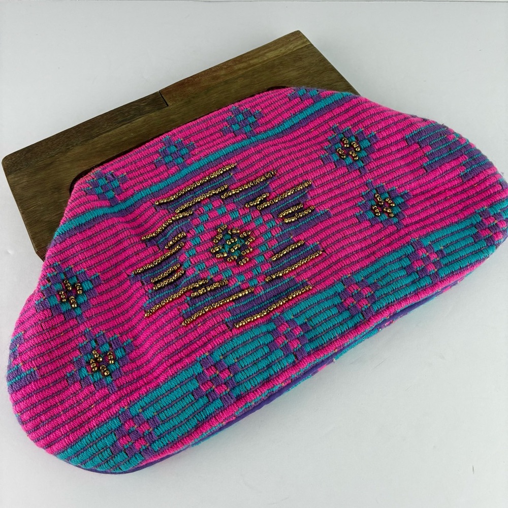 Two Jaynes NWT Woven Beaded Wooden Handle Clutch Purse